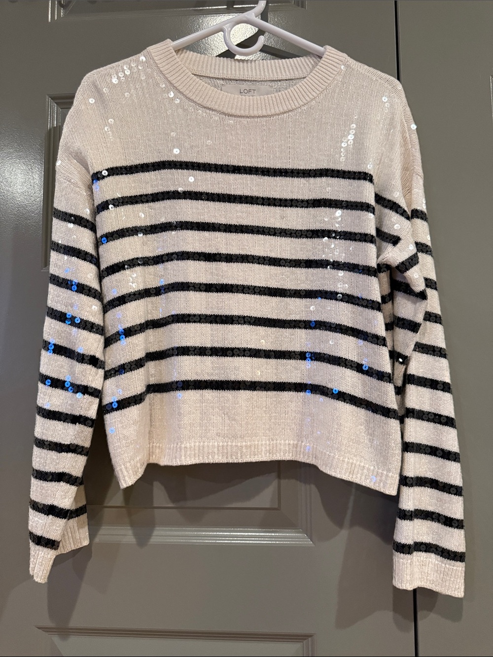 LOFT Cream Sweater with Black Stripes and Sequins